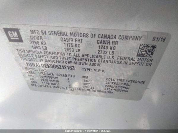 2016 CHEVROLET EQUINOX LTZ CAR PART OUT - AH534 - Image 7